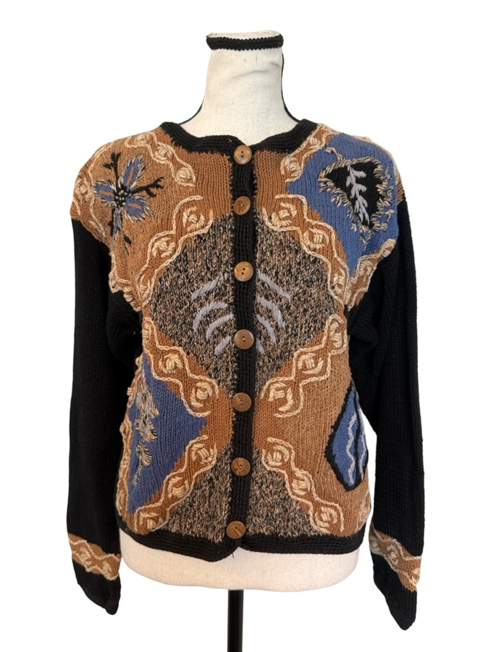 Vintage Sigrid Olsen Small Ramie Cotton Knit Cardigan Embroidered Patchwork